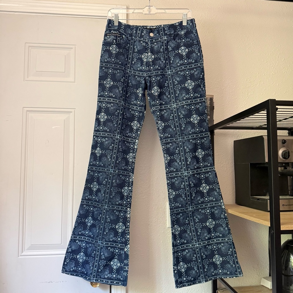 WHITTALL & SHON dark blue floral paisley denim cotton Lycra flare boot cut jeans